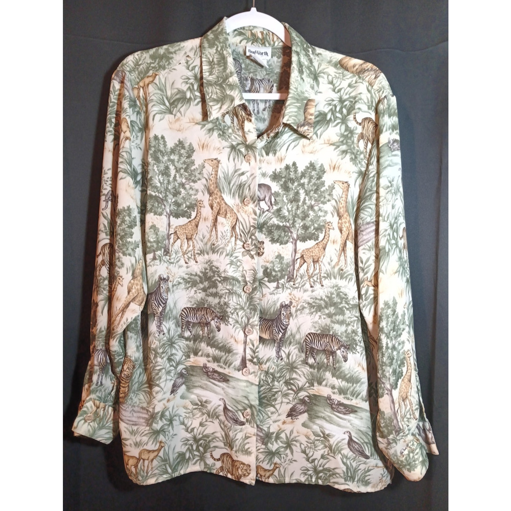 Vintage Bon Worth Sheer Safari Animal Print Shirt Long Sleeve Size Large Petite